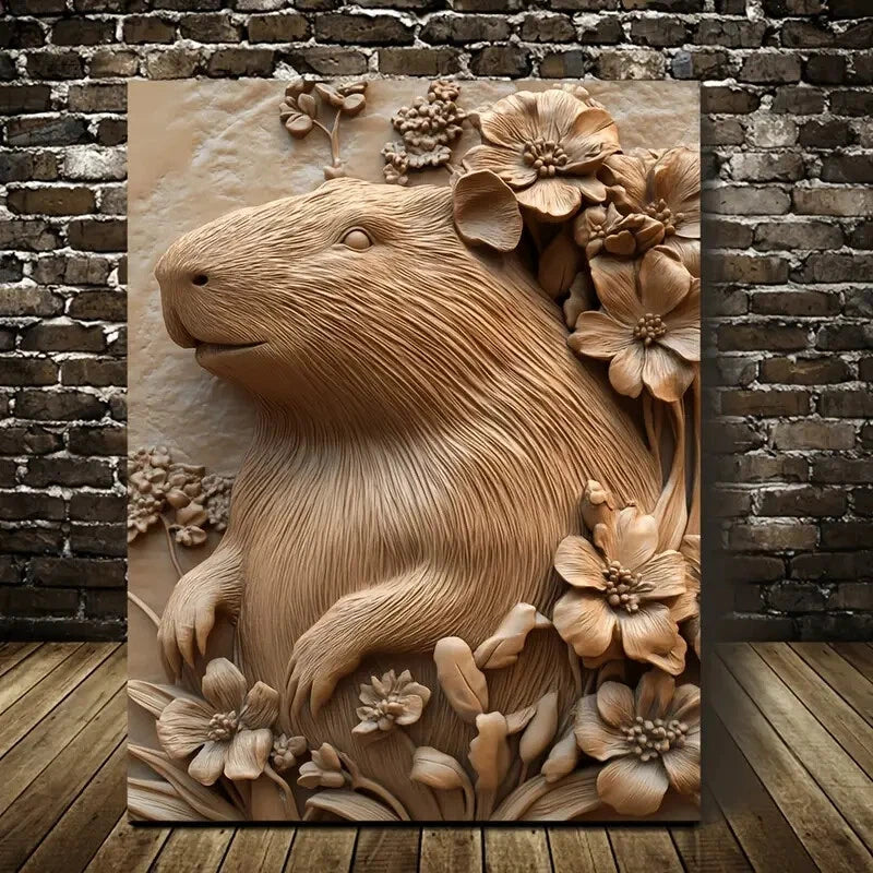 Serene Capybara Surrounded by Heart Painting  40x60cm Metal Print Ready to Hang