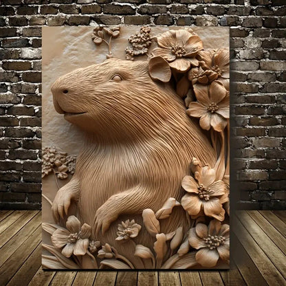 Serene Capybara Surrounded by Heart Painting  40x60cm Metal Print Ready to Hang