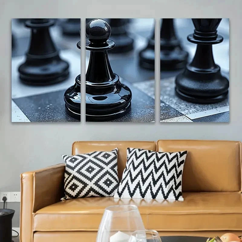 3pcs Close-Up Of Chess Board Wall Art Set Canvas Framed 50x70cm - High Quality Print 100% Australian Made Wall Canvas Ready to Hang
