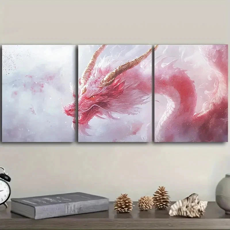 3pcs Colorful Dragon Pink Color Scheme Wall Art Set Canvas Framed 40x60cm - High Quality Print 100% Australian Made Wall Canvas Ready to Hang