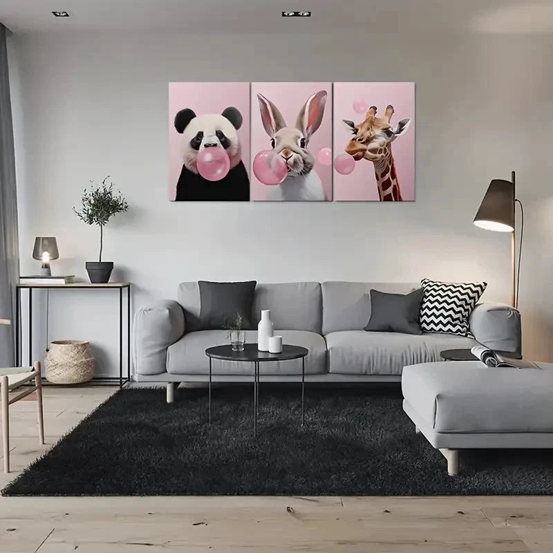 3pcs Adorable Animal Panda Rabbit Giraffe Blowing Metal Print Ready to Hang Art
