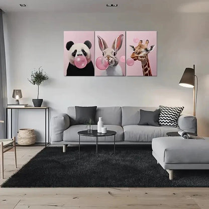 3pcs Adorable Animal Panda Rabbit Giraffe Blowing Metal Print Ready to Hang Art