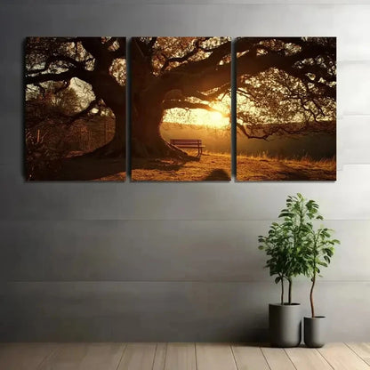 3pcs Tree with an Old Wooden Bench Metal Print Ready to Hang Art