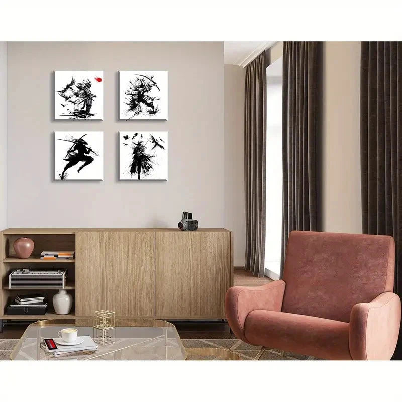 4pcs Sword-Wielding Warriors Wall Art Canvas Framed