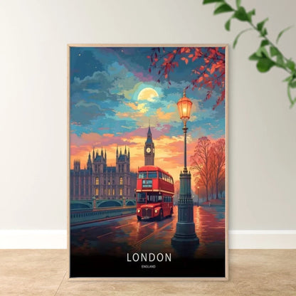London England Bus & London Skyline Vintage Travel Poster Print Wall Art