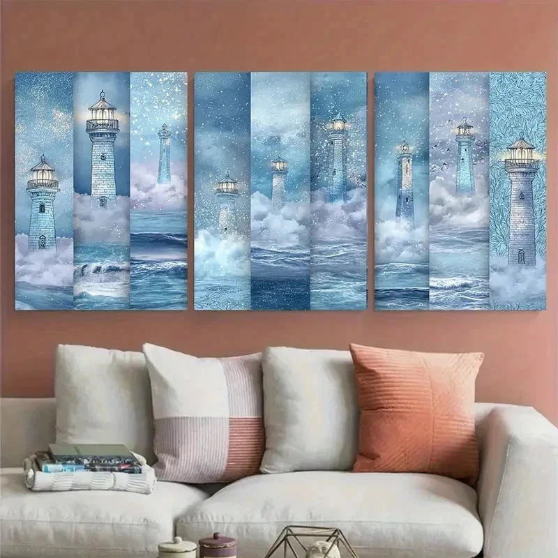 3pcs Enchanted Blue Lighthouses Clipart Perfect Wall Art Set Canvas Framed 40x60cm - High Quality Print 100% Australian Made Wall Canvas Ready to Hang