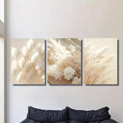 3pcs Grass Beige Botanical & White Dried Flower Wall Art Set Canvas Framed 40x60cm - High Quality Print 100% Australian Made Wall Canvas Ready to Hang