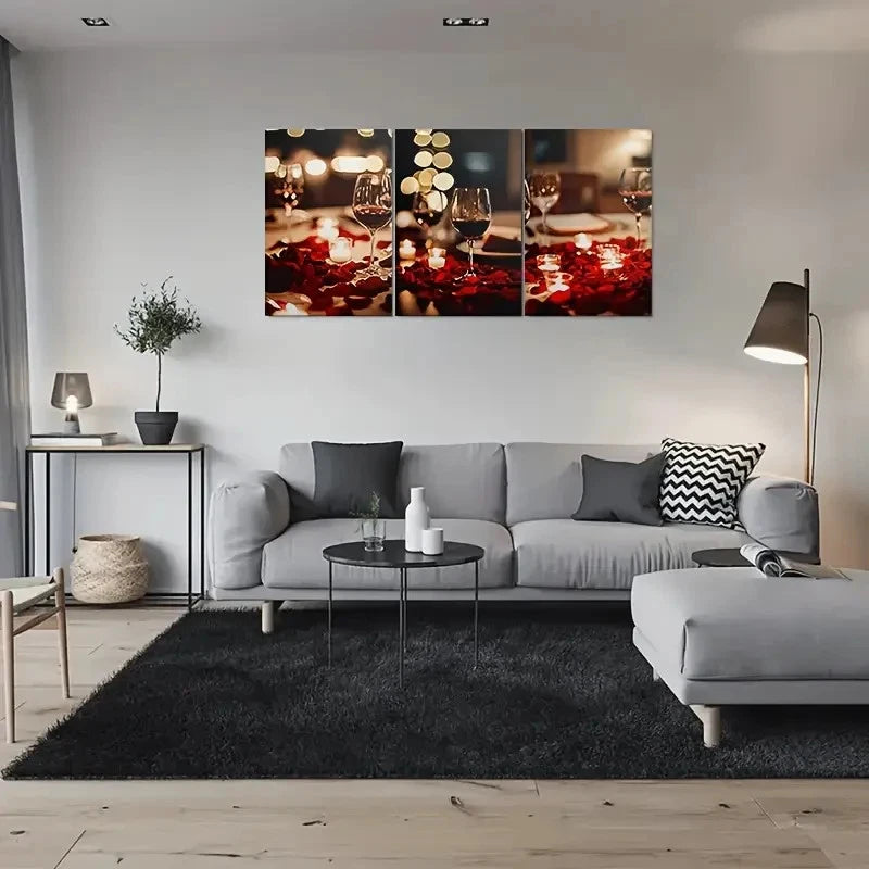 3pcs Romantic Dinner Scene Wine Glasses Candles Metal Print Ready to Hang Art