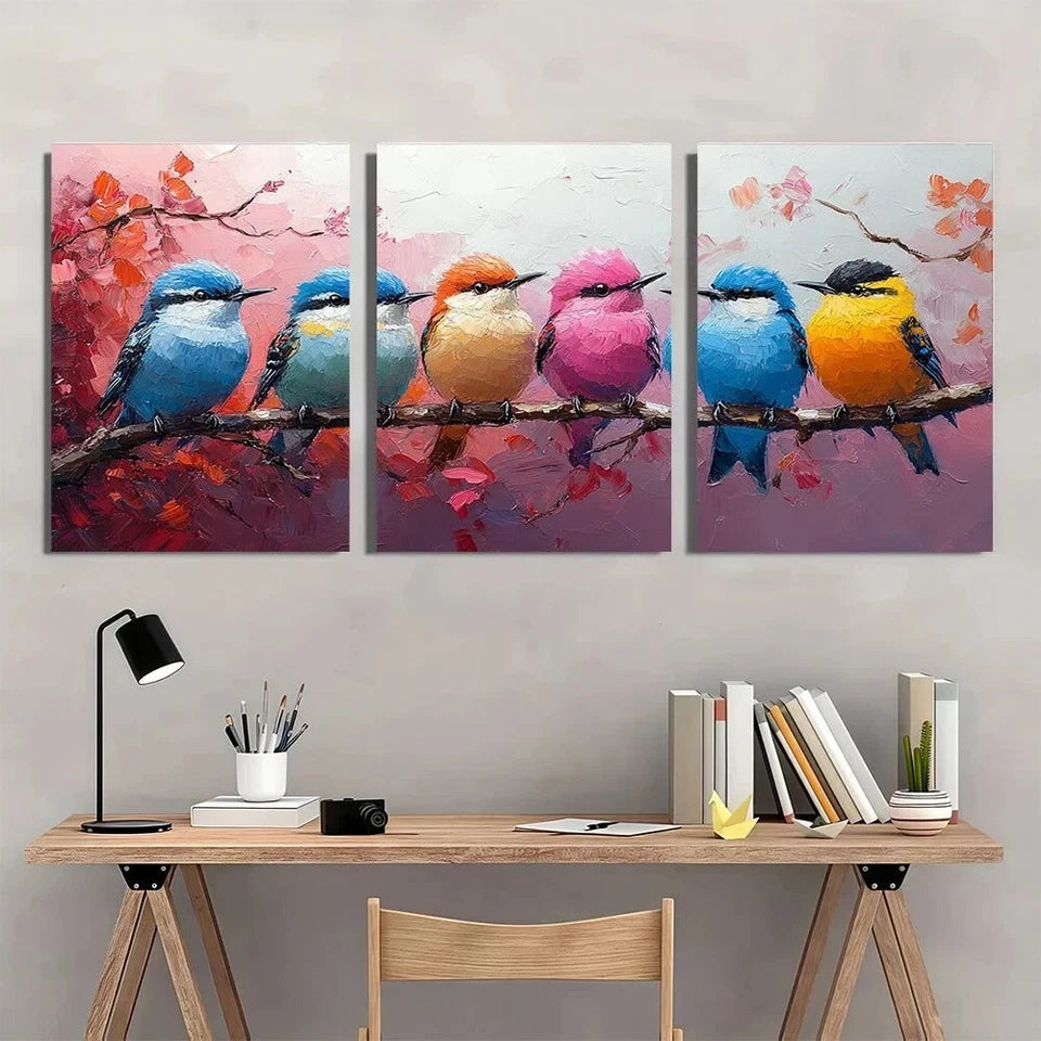 3pcs Vibrant Birds Family Theme Colorful Metal Print Ready to Hang Art