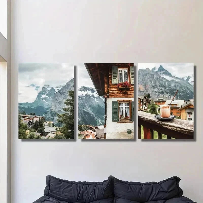 3pcs Café Terrace with View of Swiss Jungfrau Wall Art Set Canvas Framed 40x60cm - High Quality Print 100% Australian Made Wall Canvas Ready to Hang