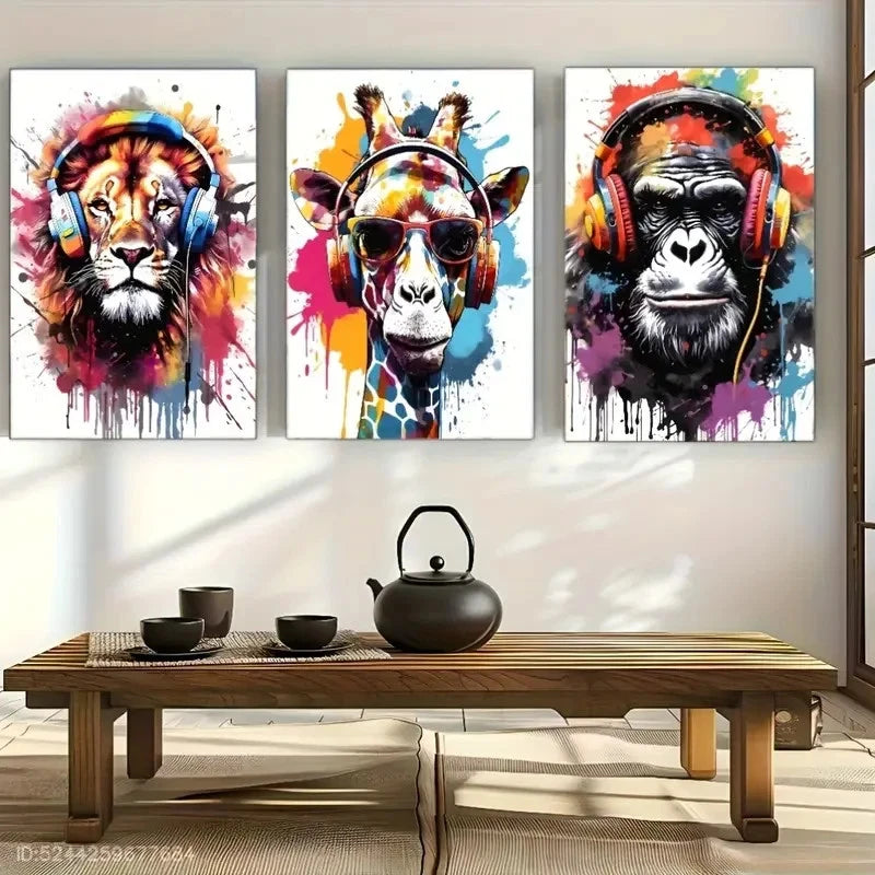 3pcs Lion Giraffe Monkey with Headphones Metal Print Ready to Hang Art