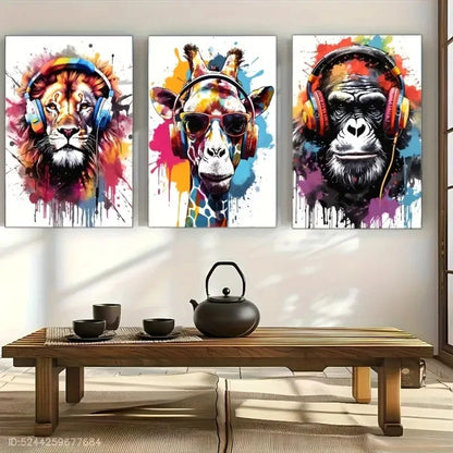 3pcs Lion Giraffe Monkey with Headphones Metal Print Ready to Hang Art