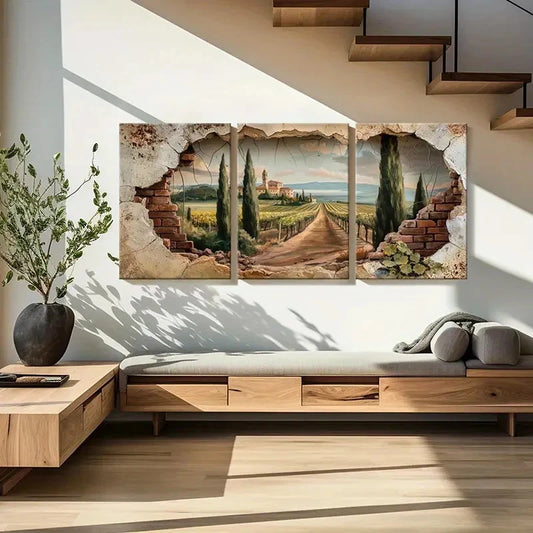 3pcs Tuscan Landscape with Vineyard Path Metal Print Ready to Hang Art