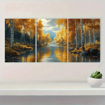 3pcs Forest River Birch Trees Metal Print Ready to Hang Art