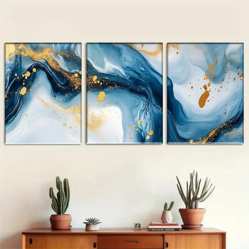 3pcs Blue and Golden Dreamy Fluid Art Painting Metal Print Ready to Hang Art