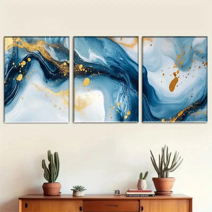 3pcs Blue and Golden Dreamy Fluid Art Painting Metal Print Ready to Hang Art