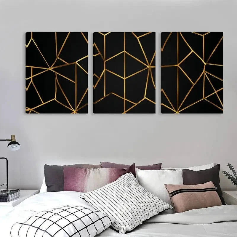 3pcs Vector Illustration of a Golden Geometric  Wall Art Set Canvas Framed 60x90cm - High Quality Print 100% Australian Made Wall Canvas Ready to Hang