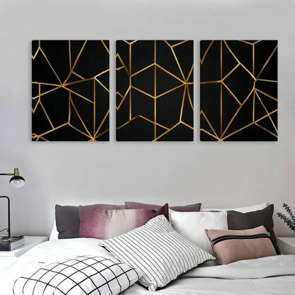 3pcs Vector Illustration of a Golden Geometric  Wall Art Set Canvas Framed 60x90cm - High Quality Print 100% Australian Made Wall Canvas Ready to Hang