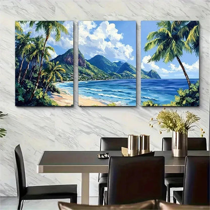 3pcs Vibrant Caribbean Palm Trees & Ocean Metal Print Ready to Hang Art
