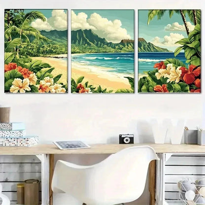 3pcs Hibiscus Flowers & Ocean View Perfect Wall Art Set Canvas Framed 40x60cm - High Quality Print 100% Australian Made Wall Canvas Ready to Hang