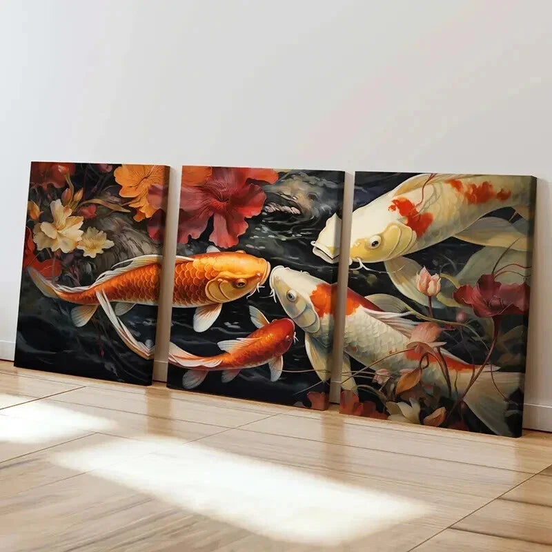 3pcs Japanese Style Koi Fish & Flowers Wall Art Set Canvas Framed 40x60cm - High Quality Print 100% Australian Made Wall Canvas Ready to Hang