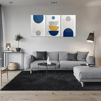 3pcs Abstract Geometric Blue & Golden Metal Print Ready to Hang Art