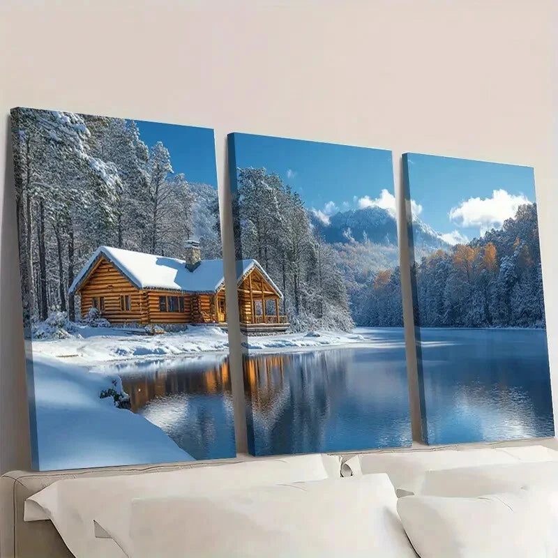 3pcs Rustic Christmas Cabin Winter Scene aWall Art Set Canvas Framed 40x60cm - High Quality Print 100% Australian Made Wall Canvas Ready to Hang