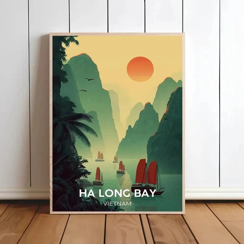 Ha Long Bay Vietnam  Sunset Sailboat & Emerald Bay Travel Poster Print Wall Art