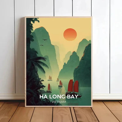 Ha Long Bay Vietnam  Sunset Sailboat & Emerald Bay Travel Poster Print Wall Art