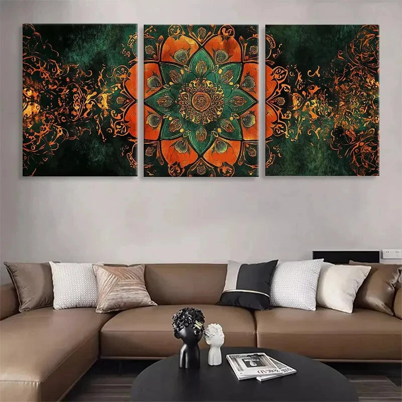 3pcs Orange and Green Mandala Flower Perfect Wall Art Set Canvas Framed 40x60cm - High Quality Print 100% Australian Made Wall Canvas Ready to Hang