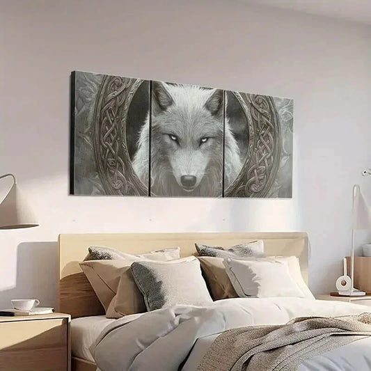3pcs White Wolf Staring Straight Wall Art Set Canvas Framed 40x60cm - High Quality Print 100% Australian Made Wall Canvas Ready to Hang