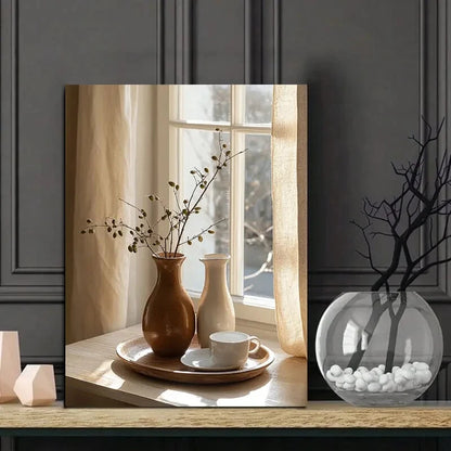 Minimalist Terracotta Vases And Olive Painting 40x60cm Metal Print Ready to Hang