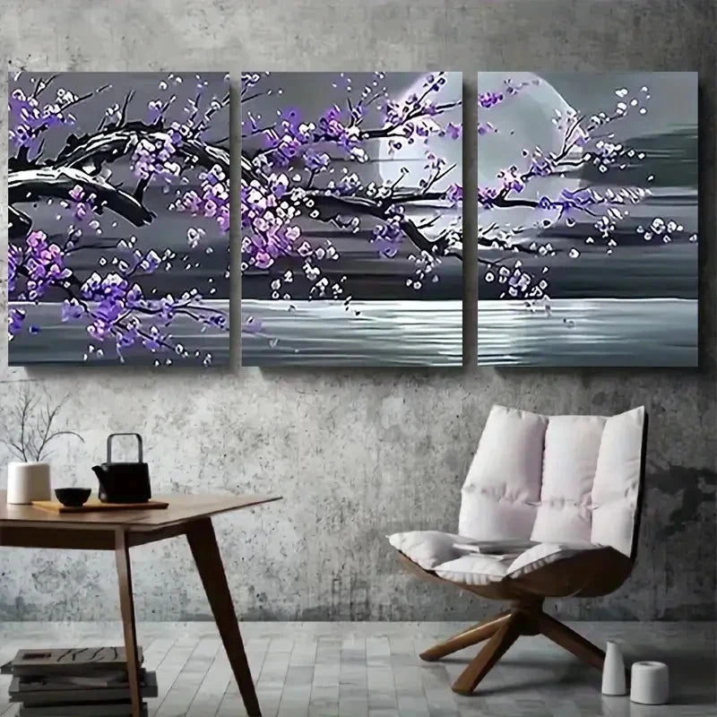 3pcs Tranquil Moonlit Purple Blossom Tree Metal Print Ready to Hang Art