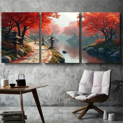 3pcs Vibrant Foliage & Calming River Scene Metal Print Ready to Hang Art
