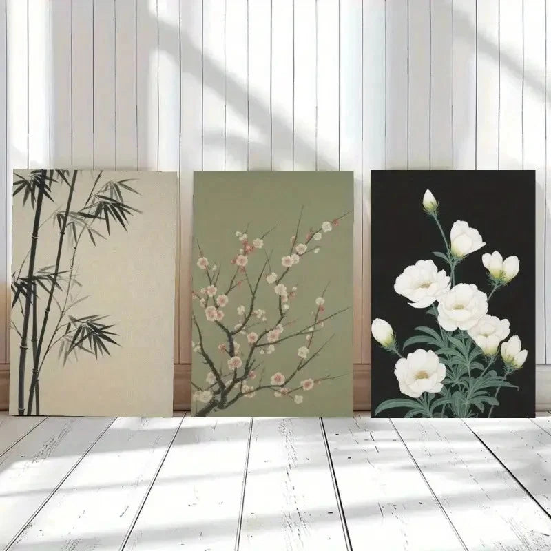 3pcs Bamboo Plum Blossom White Flowers Paintings Metal Print Ready to Hang Art