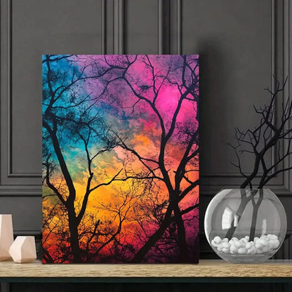 Rainbow Sky, Trees with Branches, Colorful Background 40x60cm Metal Print Ready to Hang