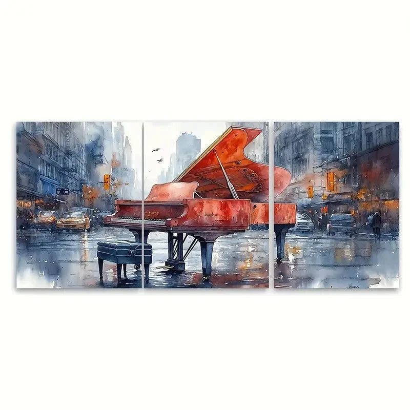 3pcs City Streets Watercolour Piano Art Wall Art Set Canvas Framed 50x70cm - High Quality Print 100% Australian Made Wall Canvas Ready to Hang