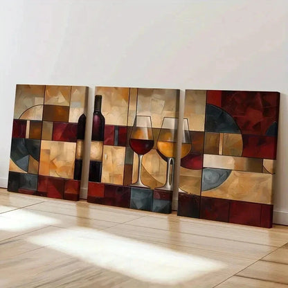 3pcs Abstract Wine Bottle And Glasses Artwork Wall Art Set Canvas Framed 40x60cm - High Quality Print 100% Australian Made Wall Canvas Ready to Hang