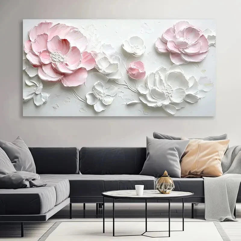 Pink & White Flowers Abstract Wall Art Canvas Office Home Room Framed 120x60cm