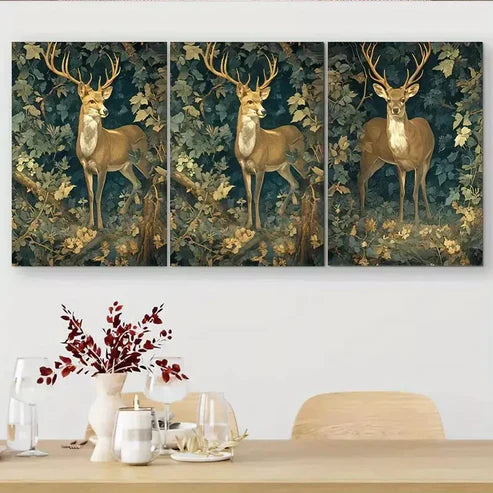 3pcs Golden - Deer in Forest Triptych Wall Art Set Wall Art Canvas Unframed - High Quality Print 100% Australian Made Wall Canvas