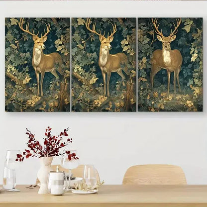 3pcs Golden - Deer in Forest Triptych Wall Art Set Wall Art Canvas Unframed - High Quality Print 100% Australian Made Wall Canvas