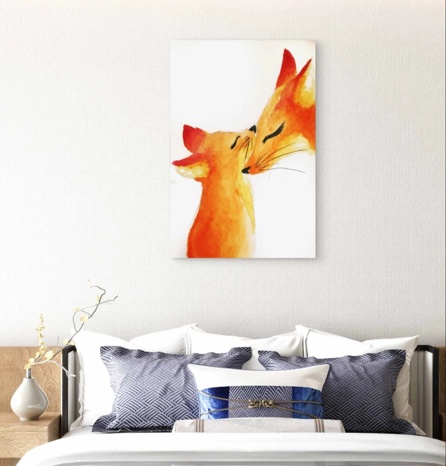 Watercolour Mother and Baby Fox Animals 40x60cm Metal Print Ready to Hang