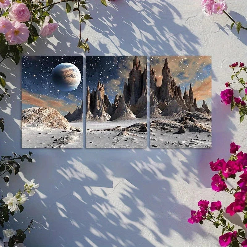 3pcs Planet Stars Space Illustration Metal Print Ready to Hang Art