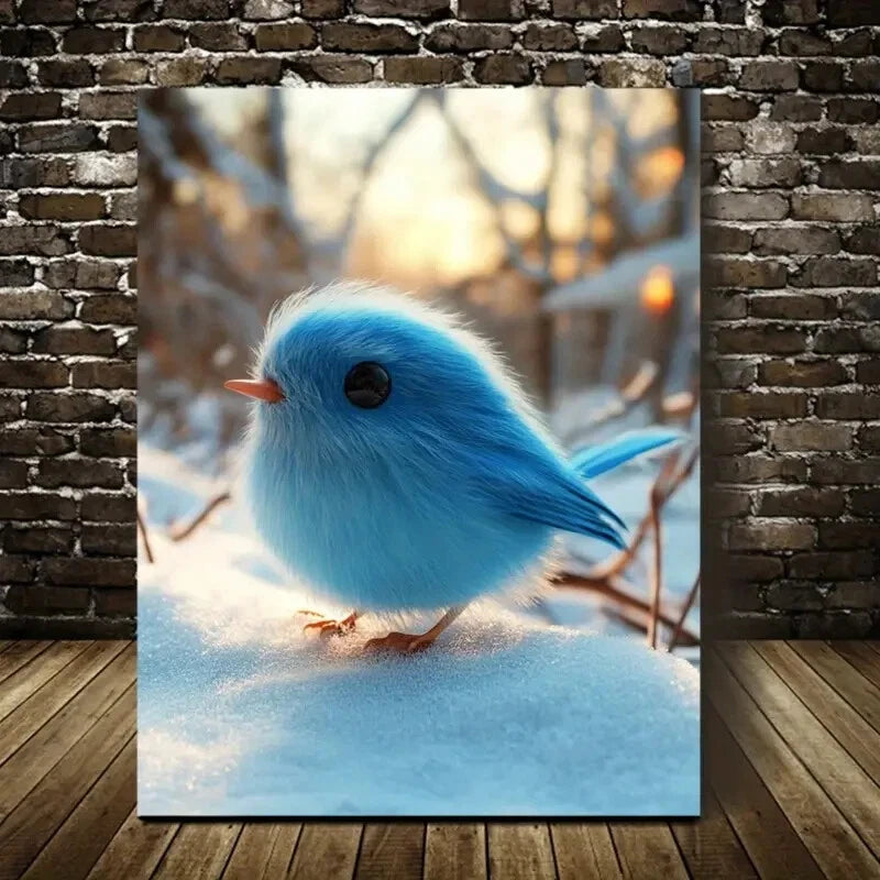 Beautiful Modern Blue Bird on Snow Painting 40x60cm Metal Print Ready to Hang