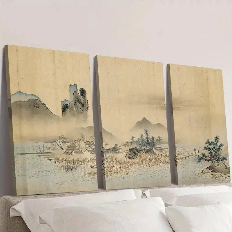 3pcs Vintage Japanese Retro Landscape Wall Art Set Canvas Framed 60x90cm - High Quality Print 100% Australian Made Wall Canvas Ready to Hang