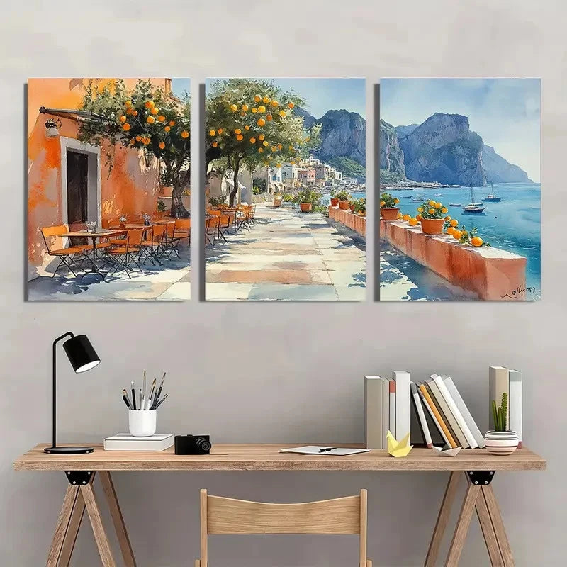 3pcs Italian Cityscape Lemon Tree Perfect Wall Art Set Canvas Framed 40x60cm - High Quality Print 100% Australian Made Wall Canvas Ready to Hang
