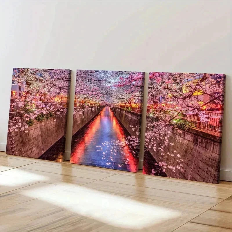 3pcs Cherry Blossom Street Landscape Painting Wall Art Set Canvas Framed 40x60cm - High Quality Print 100% Australian Made Wall Canvas Ready to Hang