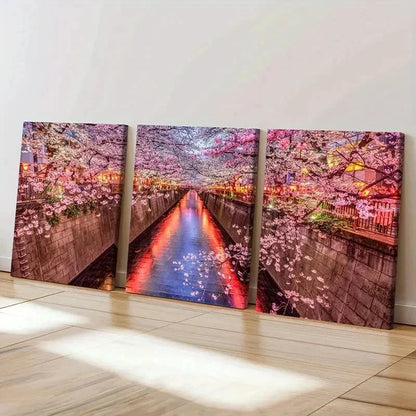 3pcs Cherry Blossom Street Landscape Painting Wall Art Set Canvas Framed 40x60cm - High Quality Print 100% Australian Made Wall Canvas Ready to Hang