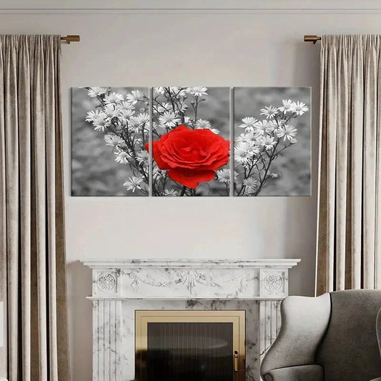 3pcs Red Roses Small Daisies Flower  Wall Art Set Canvas Framed 60x90cm - High Quality Print 100% Australian Made Wall Canvas Ready to Hang
