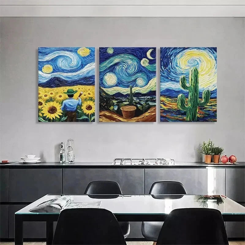 3pcs Van Gogh Starry Night Swirl Sky Perfect Wall Art Set Canvas Framed 40x60cm - High Quality Print 100% Australian Made Wall Canvas Ready to Hang